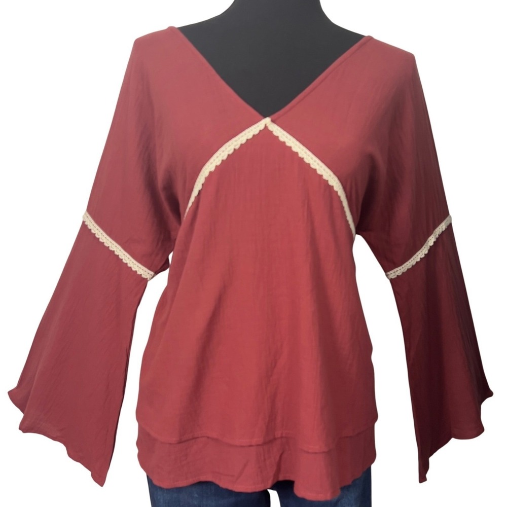 Listicle V-Neck Layered Long Bell Sleeves Small Boho Lace Trim Top 70s Retro NEW - Picture 2 of 11